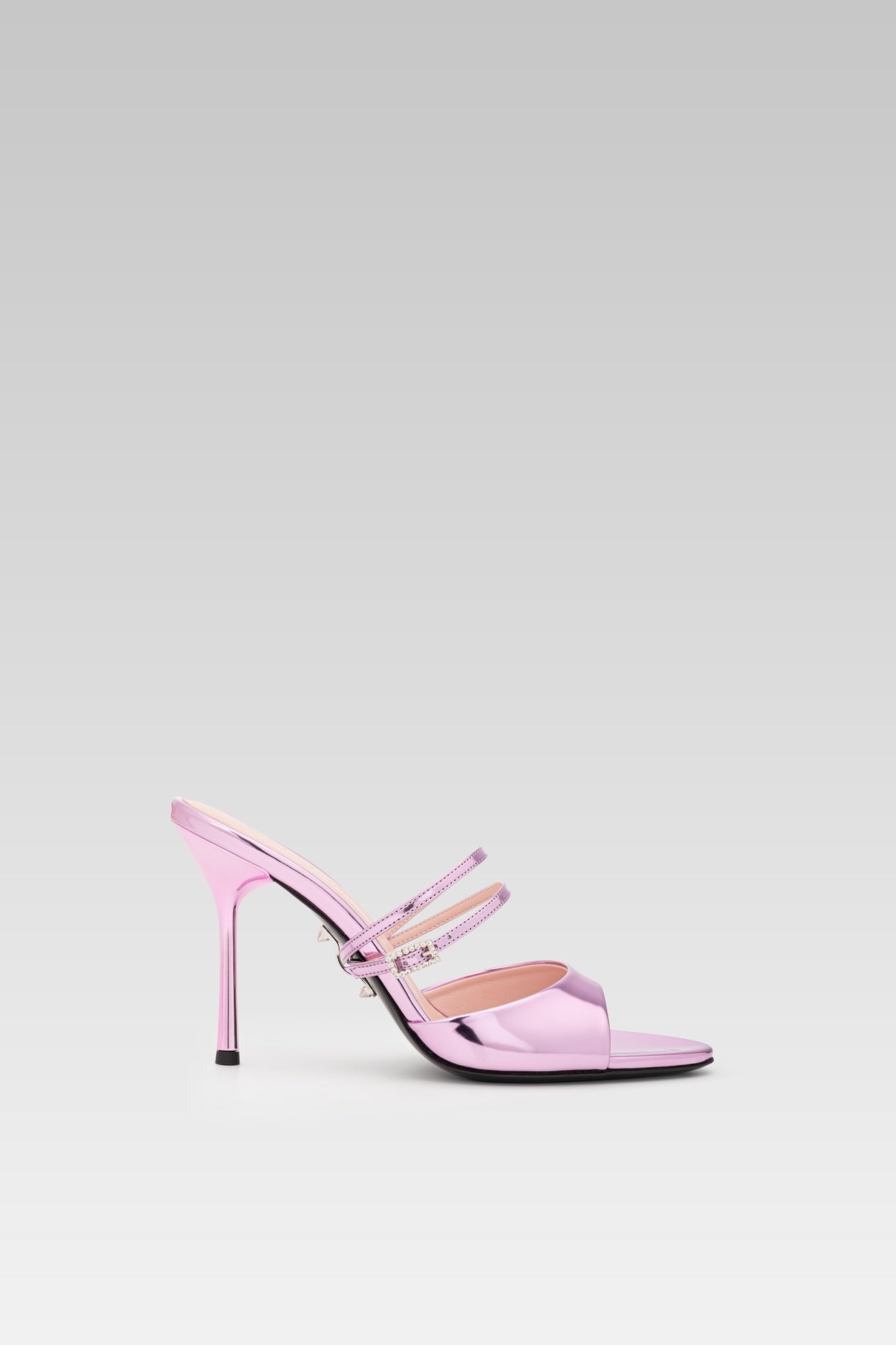 Victoria Sandal Metallic Pink 95 side view, high heel strappy sandals in metallic pink leather by Silvia Marson