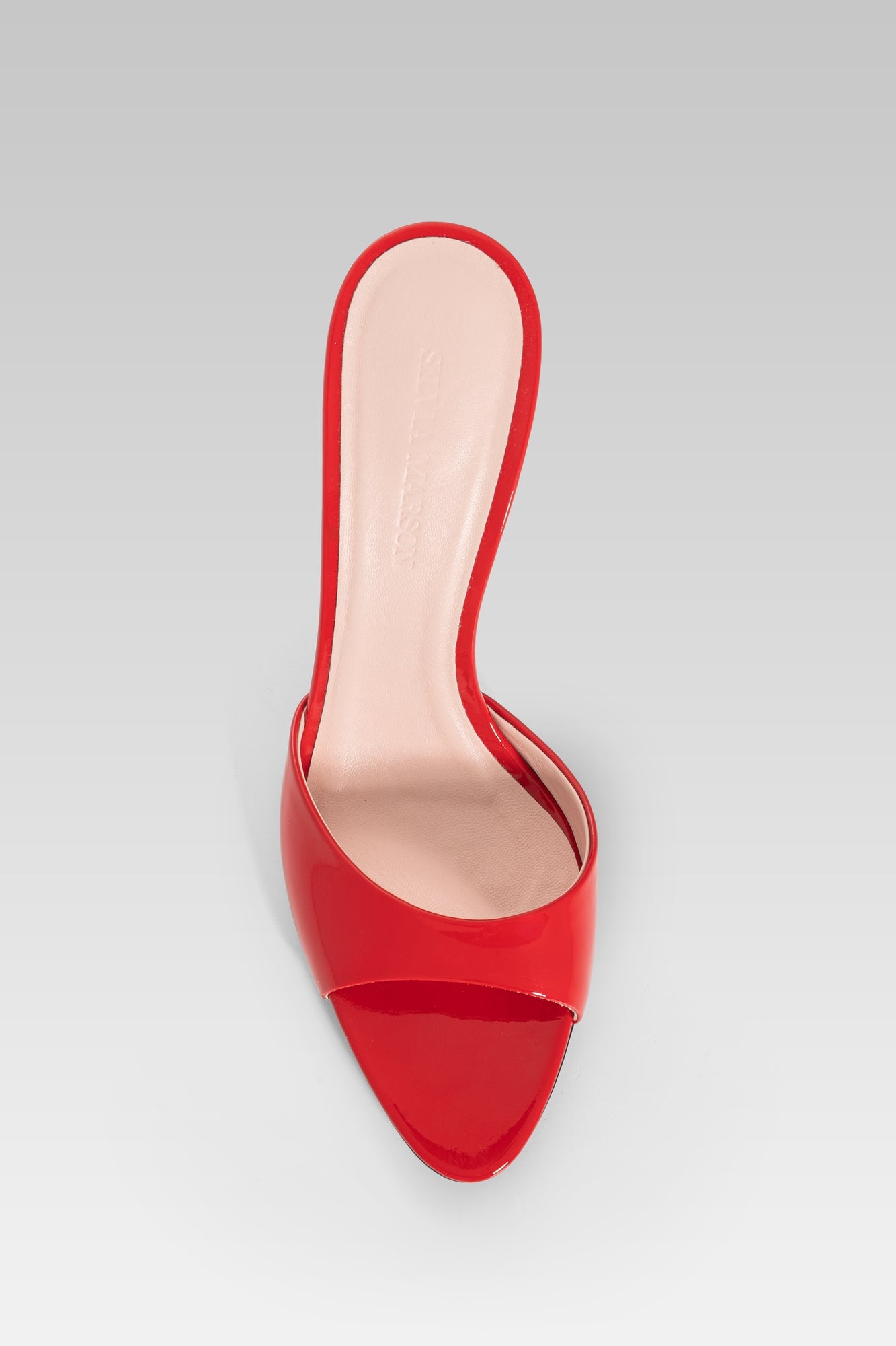 Alba Lace Up Sandal Red Patent 95 front view, high heel lace-up sandals in glossy red patent leather by Silvia Marson