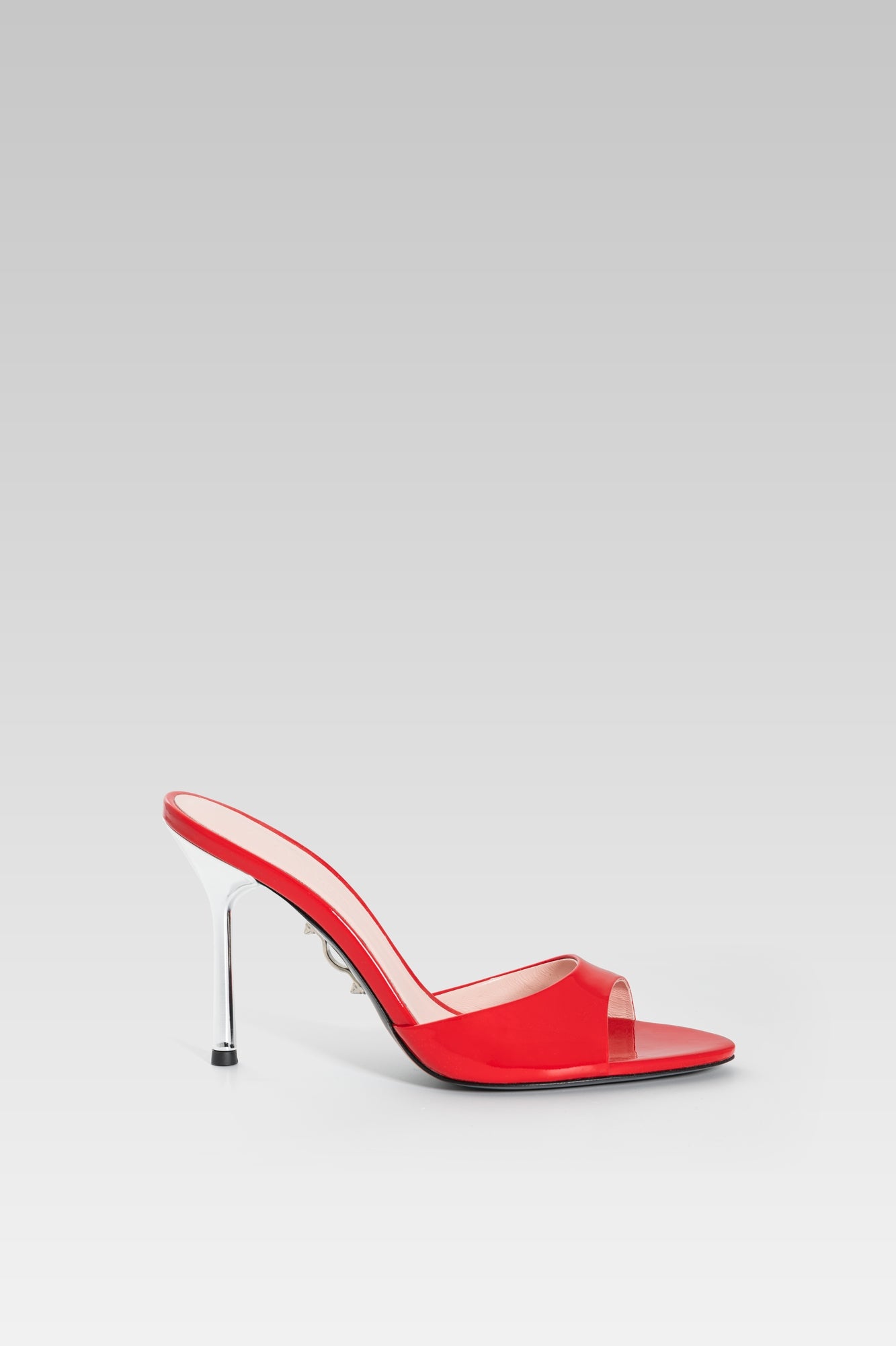 Alba Lace Up Sandal Red Patent 95 side view, high heel lace-up sandals in glossy red patent leather by Silvia Marson