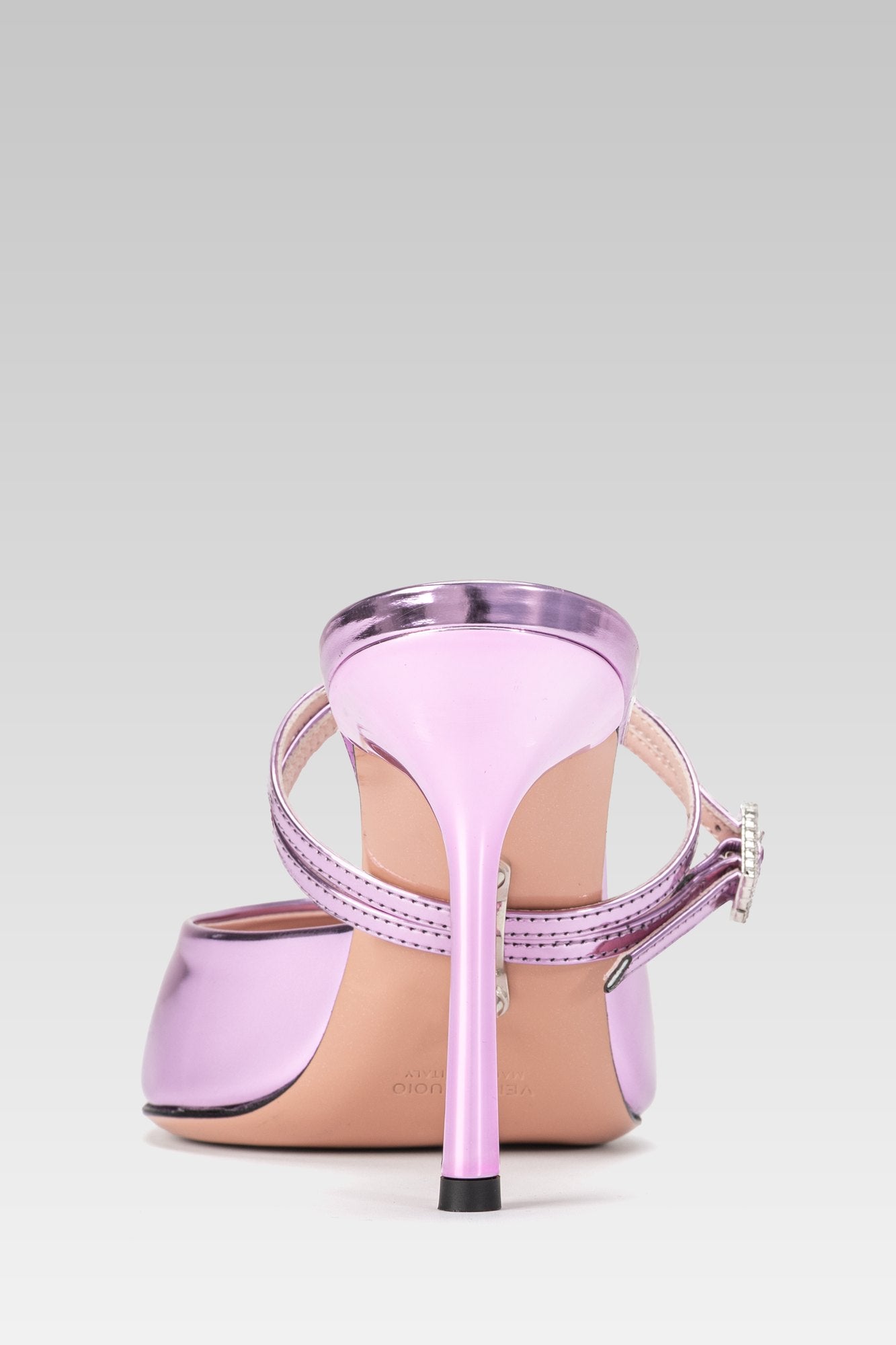 Back view of Elise Mule Metallic Pink 95 high heel sandals with 95 mm heel