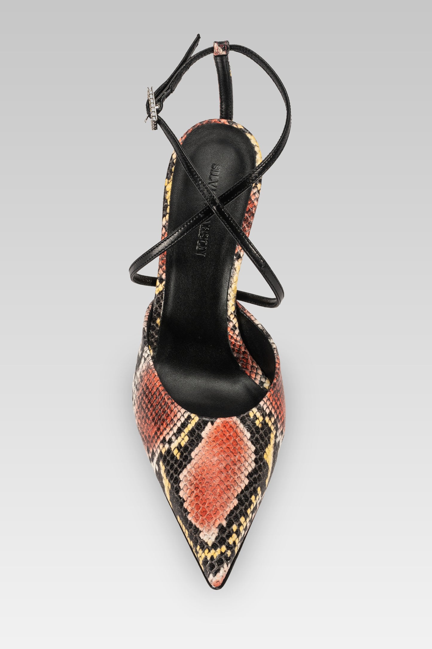 Lisa Decollete Orange Python 95 front view, bold high heel pumps in orange python-embossed leather by Silvia Marson