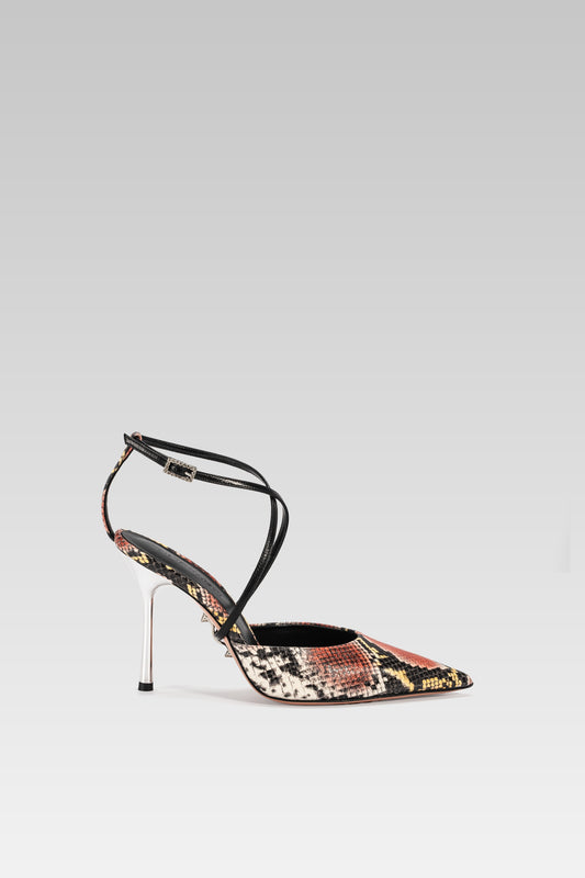 Lisa Decollete Orange Python 95 side view, bold high heel pumps in orange python-embossed leather by Silvia Marson