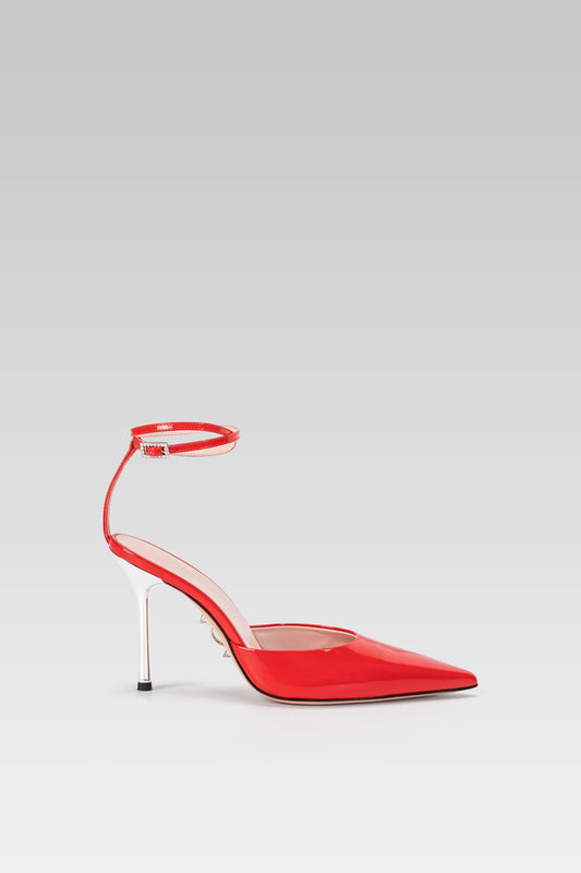 Lisandra Decollete Red Patent 95 side view, elegant high heel pumps in glossy red patent leather by Silvia Marson