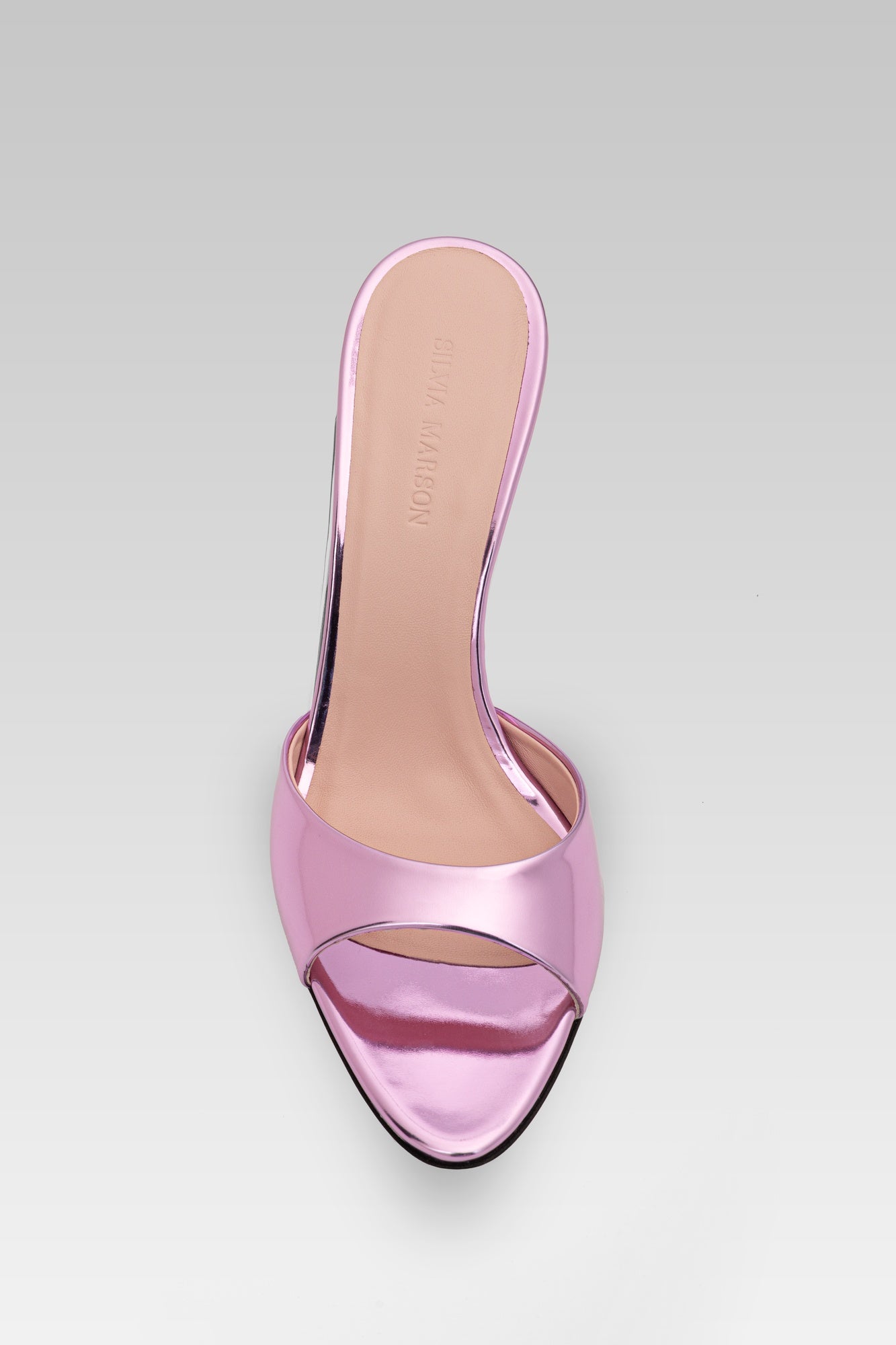 Victoria Sandal Metallic Pink 95 front view, high heel lace-up sandals in metallic pink leather by Silvia Marson