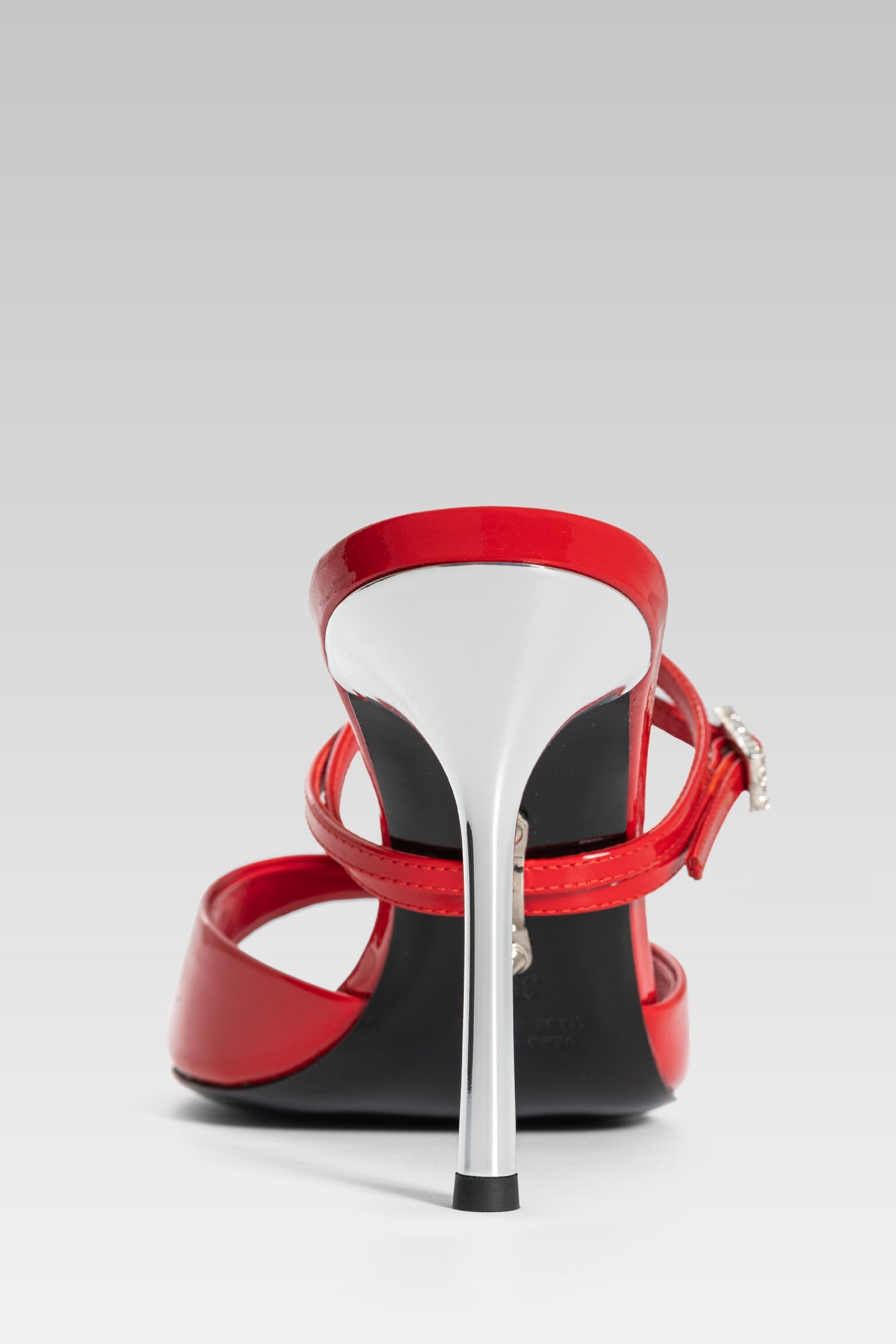 Victoria Sandal Red Patent 95 back view, high heel strappy sandals in glossy red patent leather by Silvia Marson