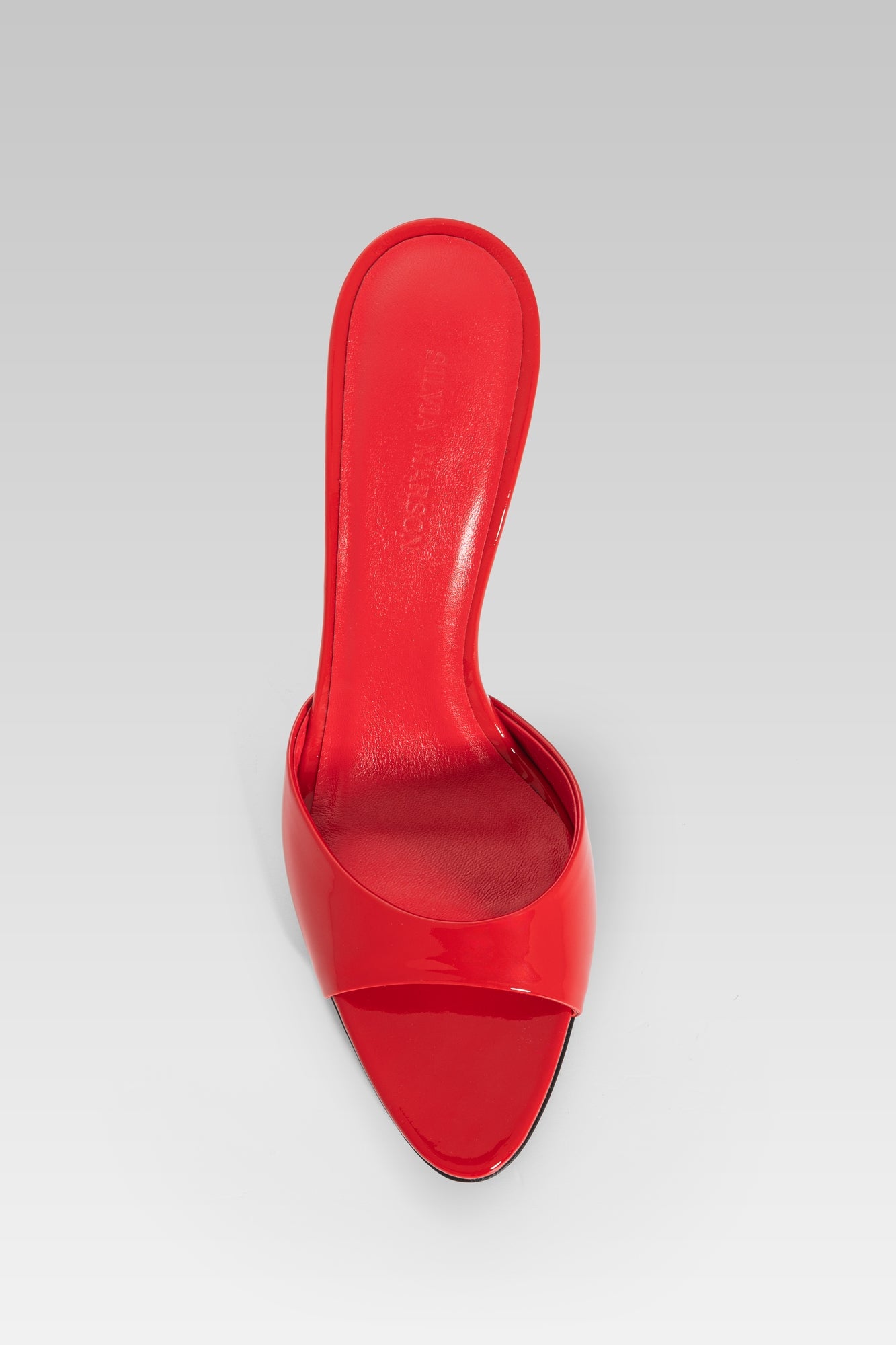 Victoria Sandal Red Patent 95 front view, high heel strappy sandals in glossy red patent leather by Silvia Marson