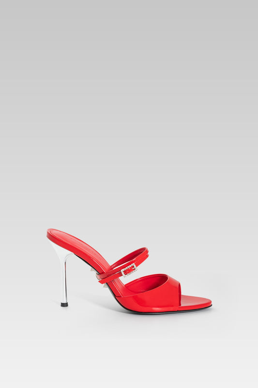 Victoria Sandal Red Patent 95 side view, high heel strappy sandals in glossy red patent leather by Silvia Marson