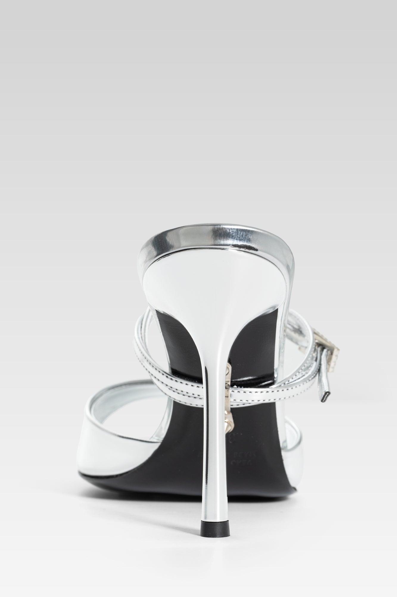 Victoria Sandal Silver Mirror 95 back view, high heel strappy sandals in metallic silver mirror leather by Silvia Marson