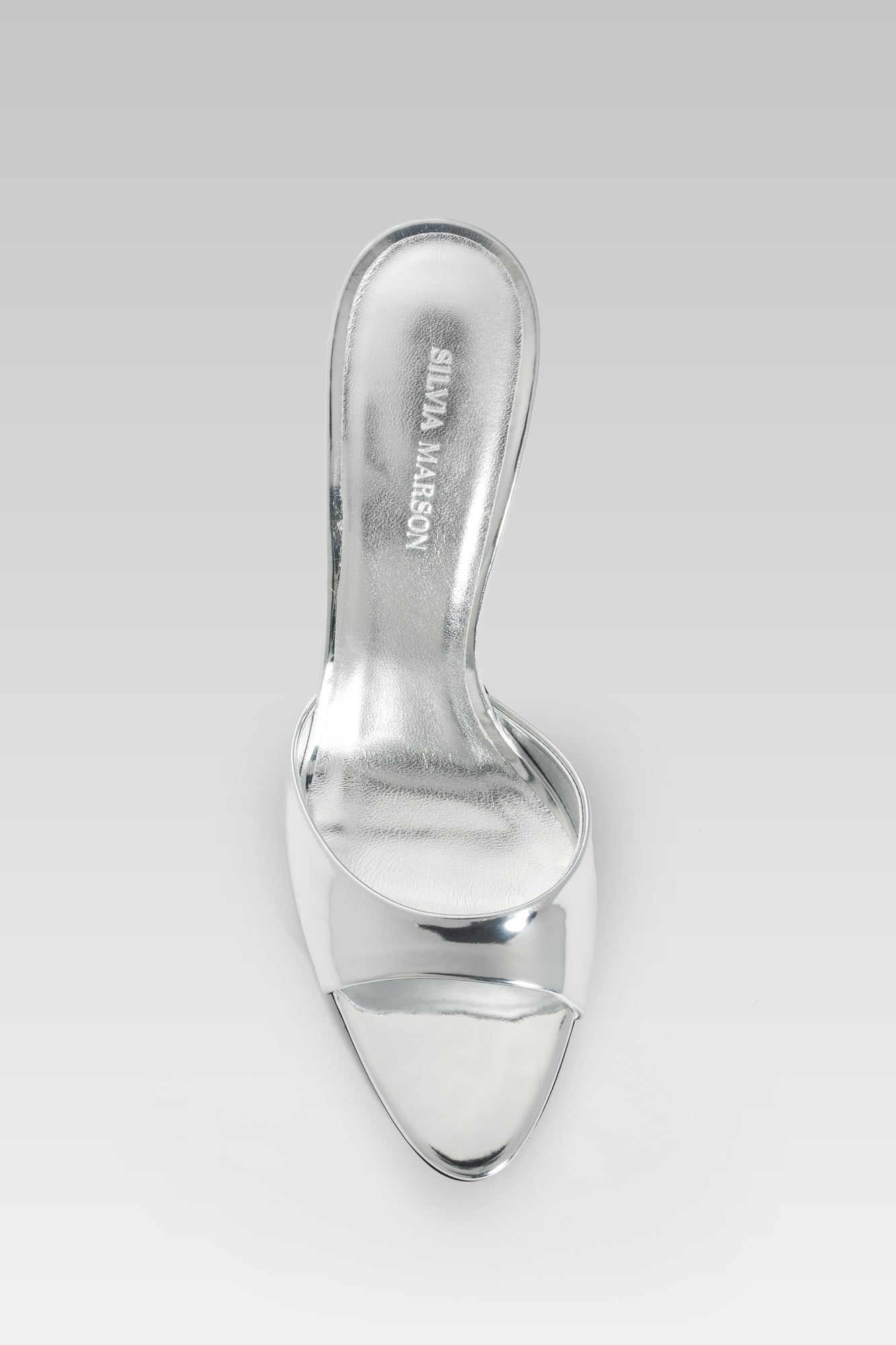 Victoria Sandal Silver Mirror 95 front view, high heel strappy sandals in metallic silver mirror leather by Silvia Marson