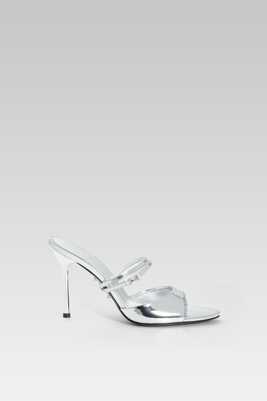 Victoria Sandal Silver Mirror 95 side view, high heel strappy sandals in metallic silver mirror leather by Silvia Marson