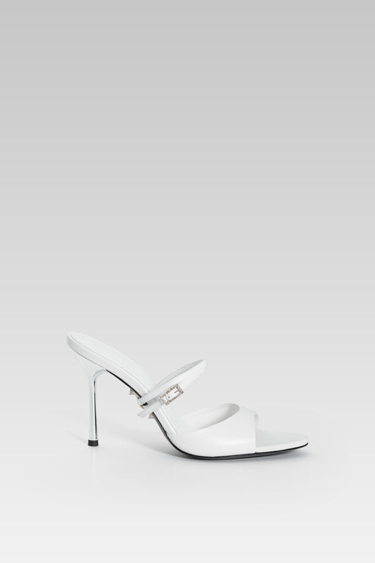 Victoria Sandal White Calf 95 side view, high heel strappy sandals in fine white calfskin leather by Silvia Marson
